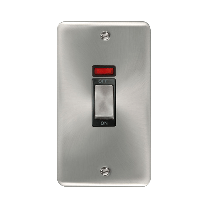 Front view of Click Deco Plus Satin Chrome 45A Cooker Switch with Neon