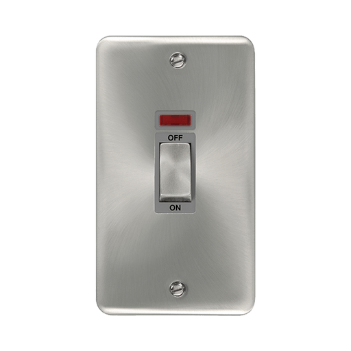 Front view of Click Deco Plus Satin Chrome 45A Cooker Switch with Neon