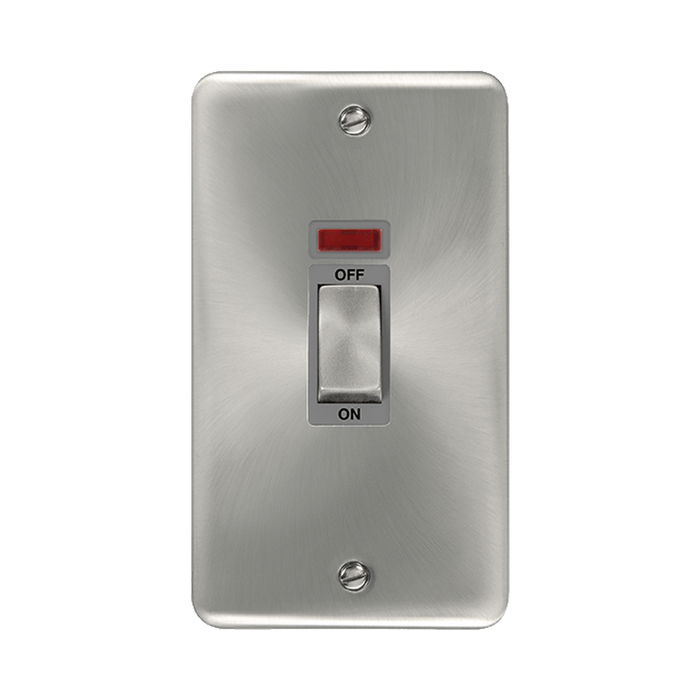 Front view of Click Deco Plus Satin Chrome 45A Cooker Switch with Neon