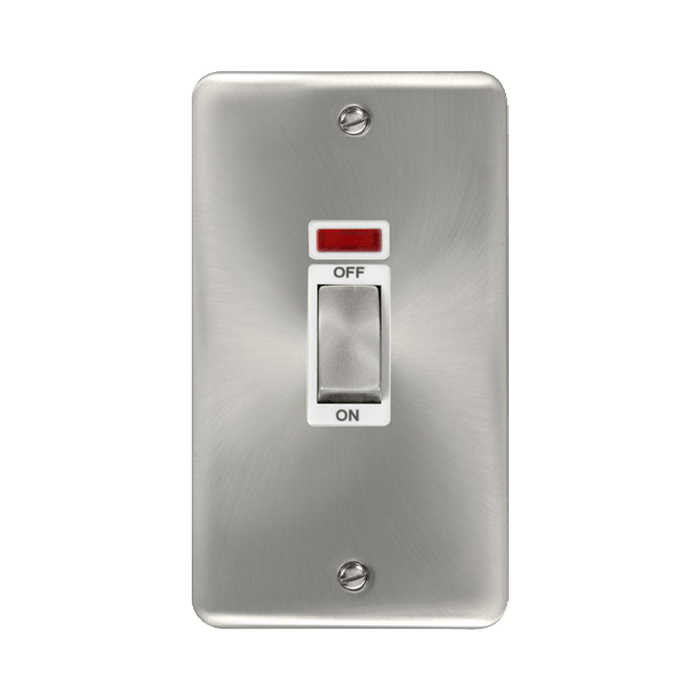 Front view of Click Deco Plus Satin Chrome 45A Cooker Switch with Neon