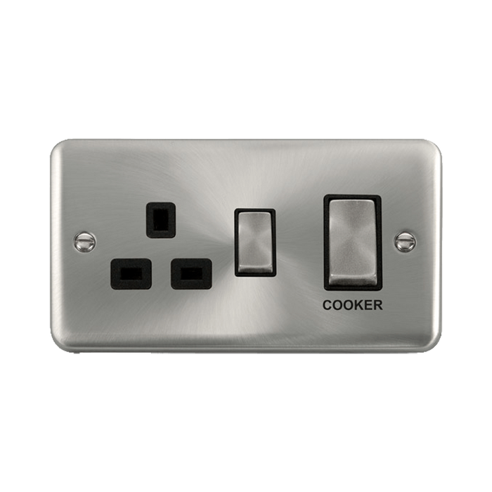 Front view of Click Deco Plus Satin Chrome 45A Cooker Switch with 13A Socket