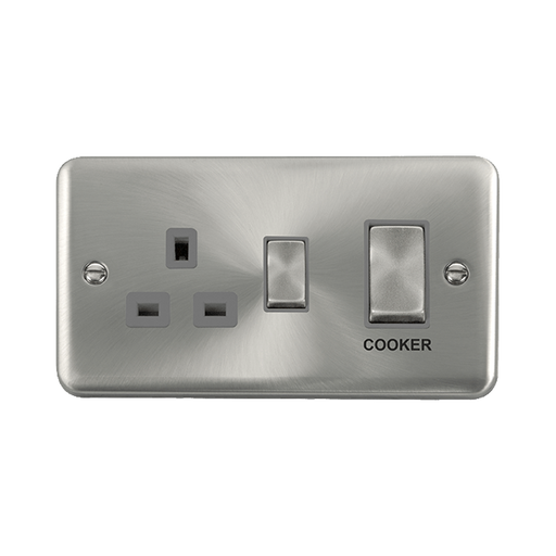 Front view of Click Deco Plus Satin Chrome 45A Cooker Switch with 13A Socket