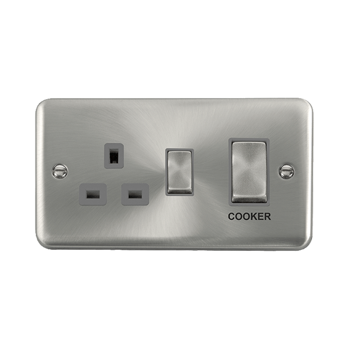 Front view of Click Deco Plus Satin Chrome 45A Cooker Switch with 13A Socket