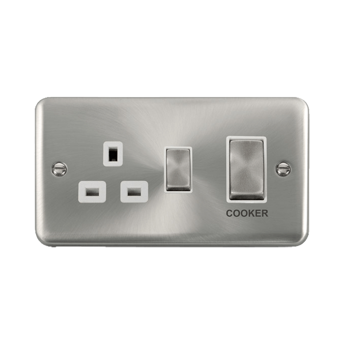 Front view of Click Deco Plus Satin Chrome 45A Cooker Switch with 13A Socket