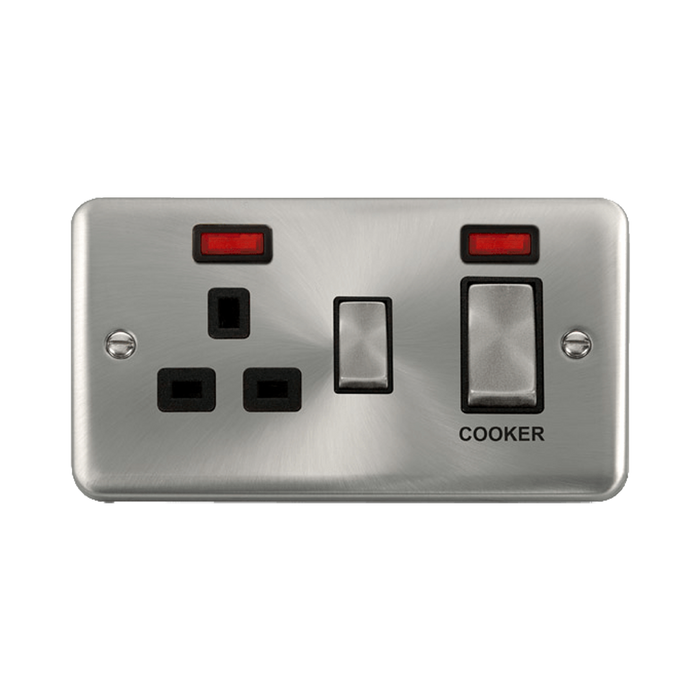 Front view of Click Deco Plus Satin Chrome 45A Cooker Switch with 13A Socket