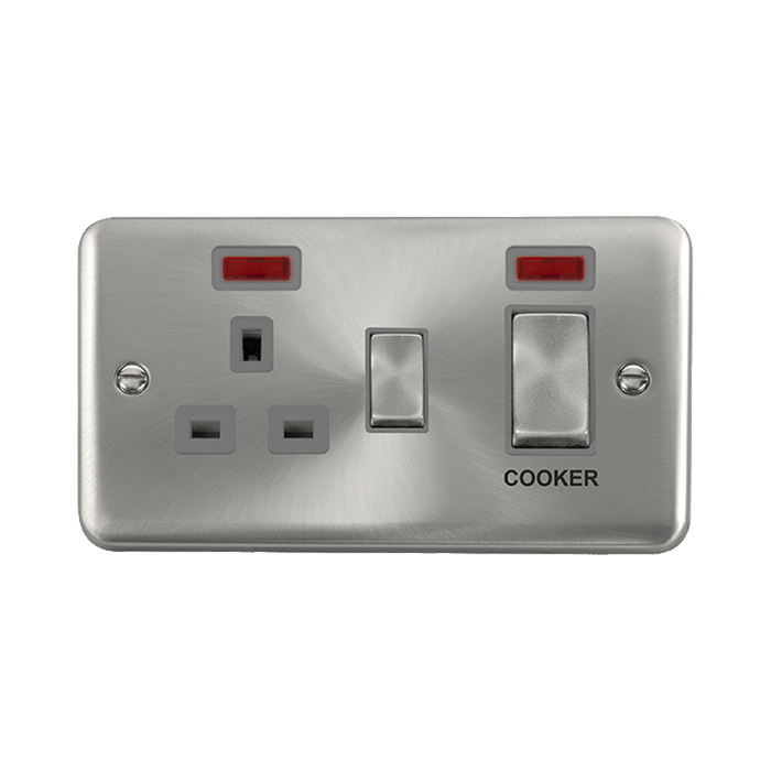 Front view of Click Deco Plus Satin Chrome 45A Cooker Switch with 13A Socket