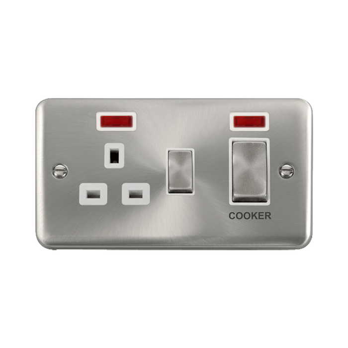 Front view of Click Deco Plus Satin Chrome 45A Cooker Switch with 13A Socket