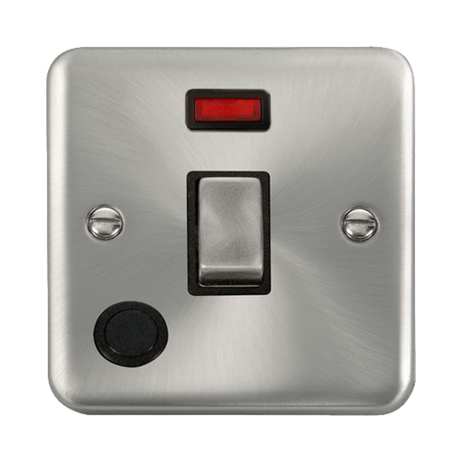Front view of Click Deco Plus Satin Chrome 20A Double Pole Switch with Neon and Flex