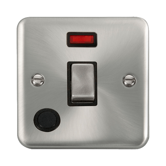 Front view of Click Deco Plus Satin Chrome 20A Double Pole Switch with Neon and Flex