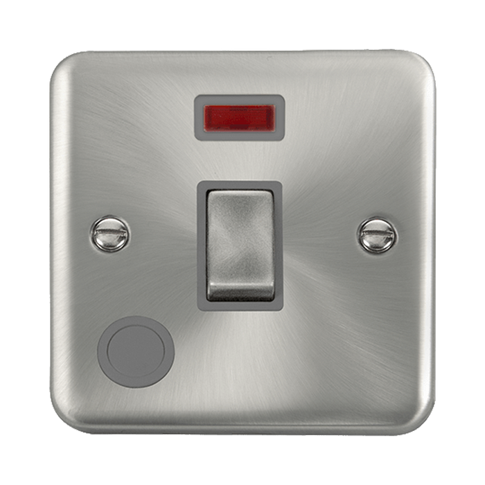 Front view of Click Deco Plus Satin Chrome 20A Double Pole Switch with Neon and Flex