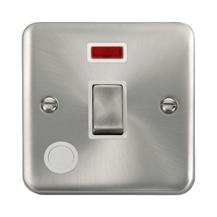 Front view of Click Deco Plus Satin Chrome 20A Double Pole Switch with Neon and Flex