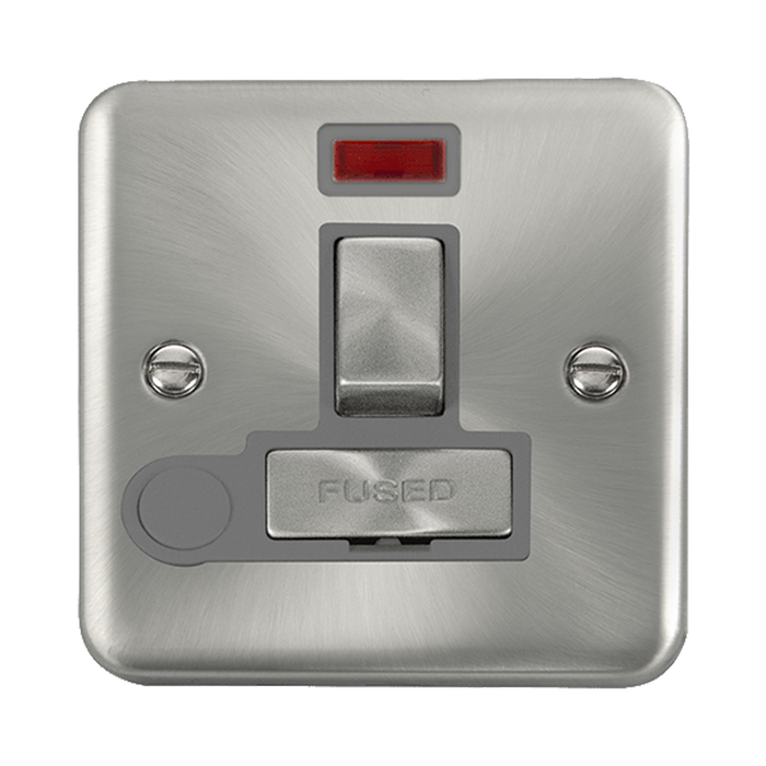 Front view of Click Deco Plus Satin Chrome 13A Switched Spur with Flex and Neon