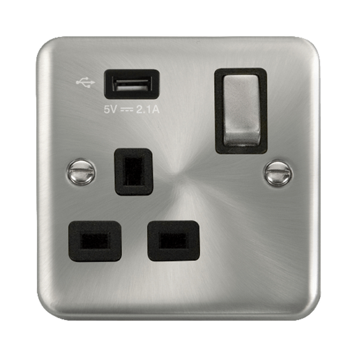 Front view of Click Deco Plus Satin Chrome 13A Single USB Socket