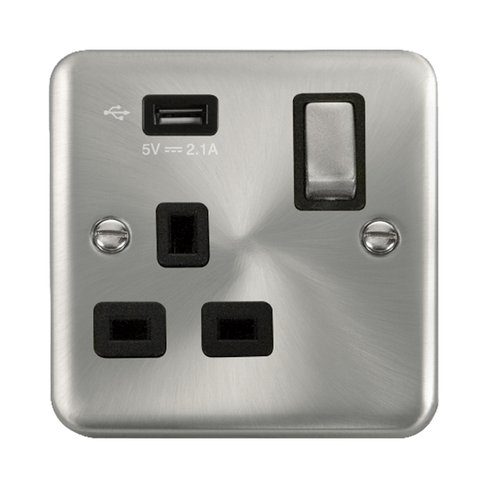 Front view of Click Deco Plus Satin Chrome 13A Single USB Socket