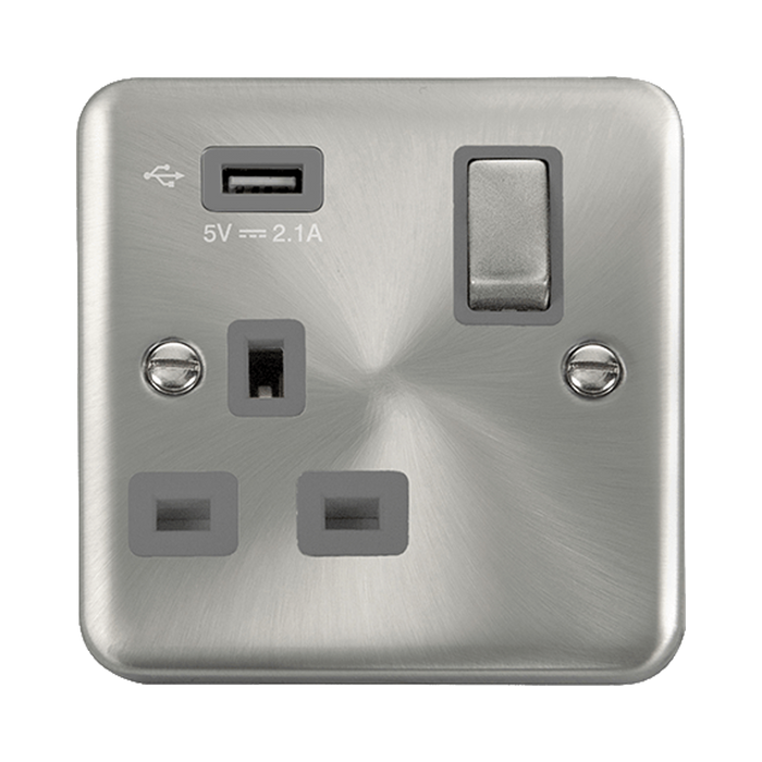 Front view of Click Deco Plus Satin Chrome 13A Single USB Socket