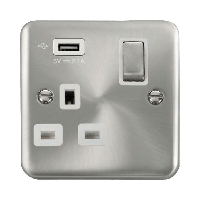 Front view of Click Deco Plus Satin Chrome 13A Single USB Socket
