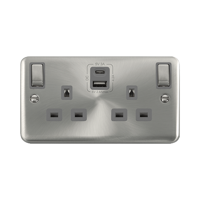 Front view of Click Deco Plus Satin Chrome 13A Double A+C USB Socket