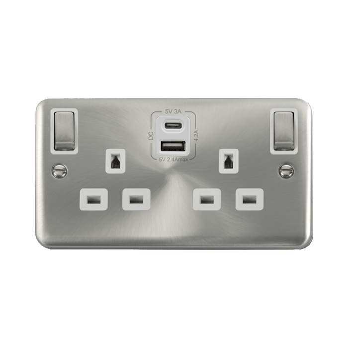 Front view of Click Deco Plus Satin Chrome 13A Double A+C USB Socket
