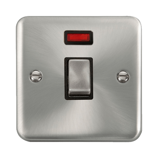 Front view of Click Deco Plus Satin Chrome 20A Double Pole Switch with Neon