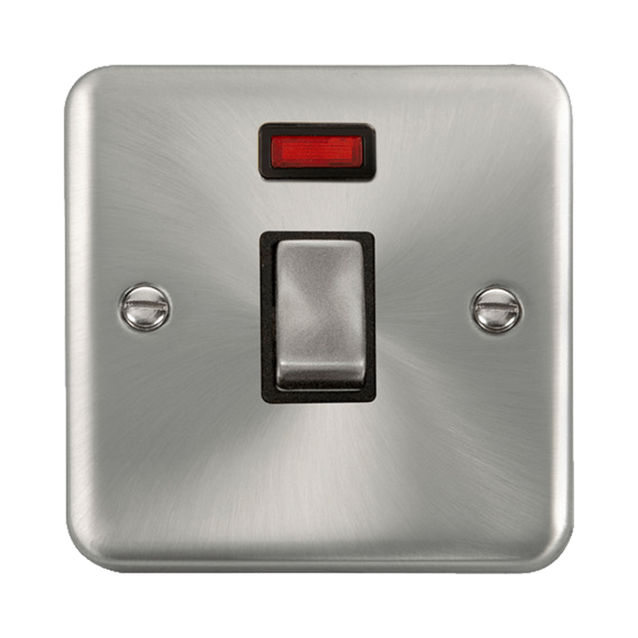 Front view of Click Deco Plus Satin Chrome 20A Double Pole Switch with Neon