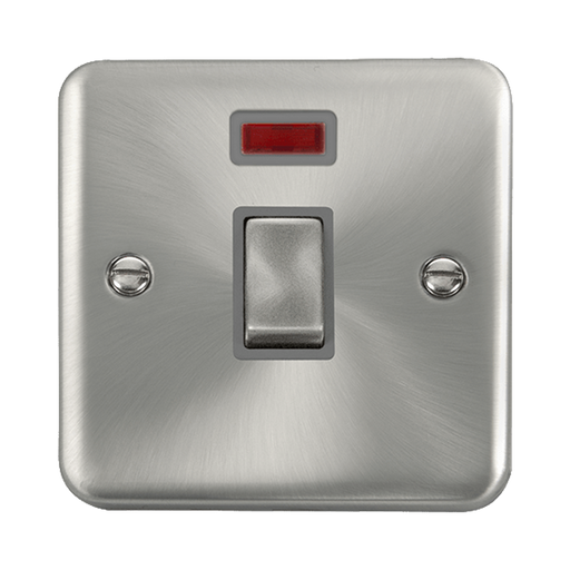 Front view of Click Deco Plus Satin Chrome 20A Double Pole Switch with Neon
