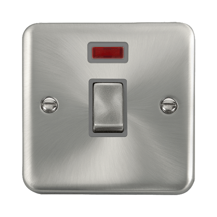 Front view of Click Deco Plus Satin Chrome 20A Double Pole Switch with Neon