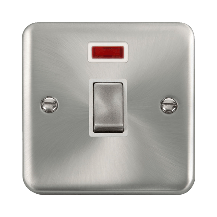 Front view of Click Deco Plus Satin Chrome 20A Double Pole Switch with Neon