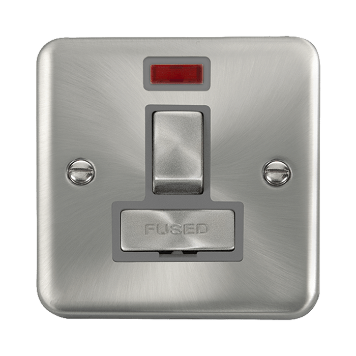 Front view of Click Deco Plus Satin Chrome 13A Switched Spur with Neon
