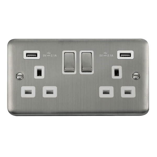 Scolmore Click Deco Plus 2G 13A Switched Socket With Dual USB Charger Stainless Steel DPSS580WH