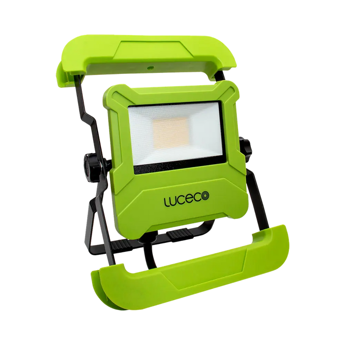 Green Luceco floodlight on a white background