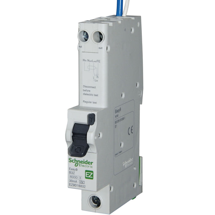 Schneider EZ9D16832 RCBO, 32A Current Rating, 1P+N Poles, Type AB, Easy9 Range