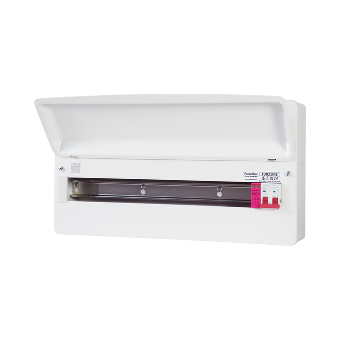 A white wall-mounted electrical distribution board with the top cover open, showing internal components and a pink terminal block on the right side, photographed against a plain white background.