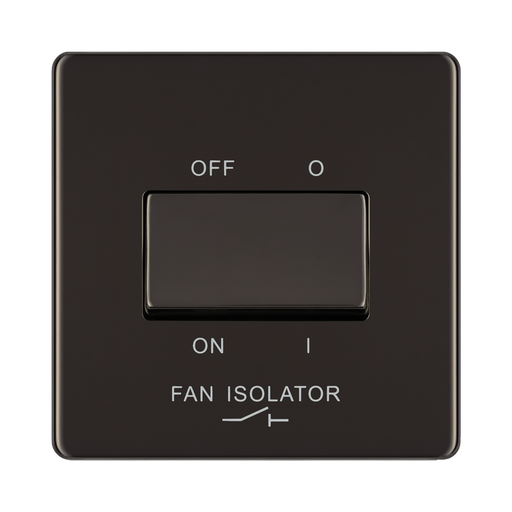 Front view of BG Nexus Screwless Black Nickel Fan Isolator Switch