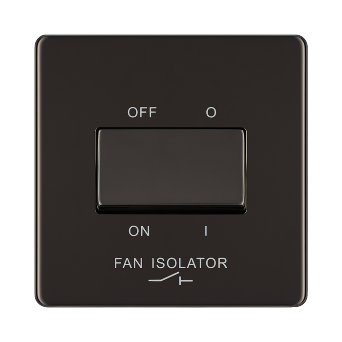 Front view of BG Nexus Screwless Black Nickel Fan Isolator Switch