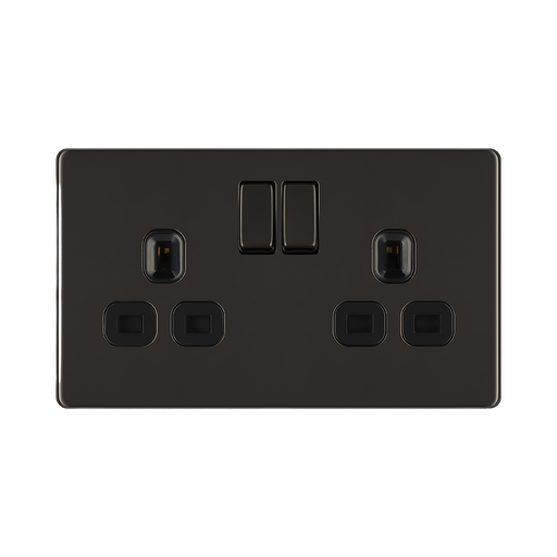Front view of BG Nexus Screwless Black Nickel 13A Double Socket