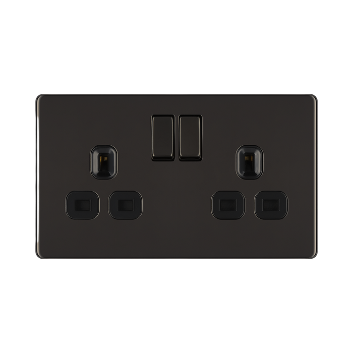 Front view of BG Nexus Screwless Black Nickel 13A Double Socket
