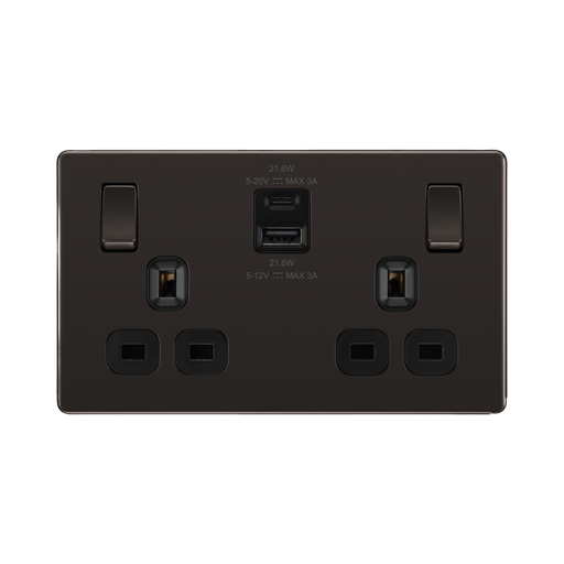 Front view of BG Nexus Screwless Black Nickel 13A Double USB Socket 22W A+C