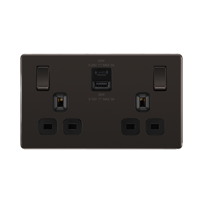 Front view of BG Nexus Screwless Black Nickel 13A Double USB Socket 45W A+C