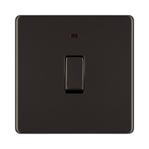 Front view of BG Nexus Screwless Black Nickel 20A Double Pole Switch with Neon