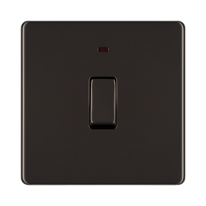 Front view of BG Nexus Screwless Black Nickel 20A Double Pole Switch with Neon