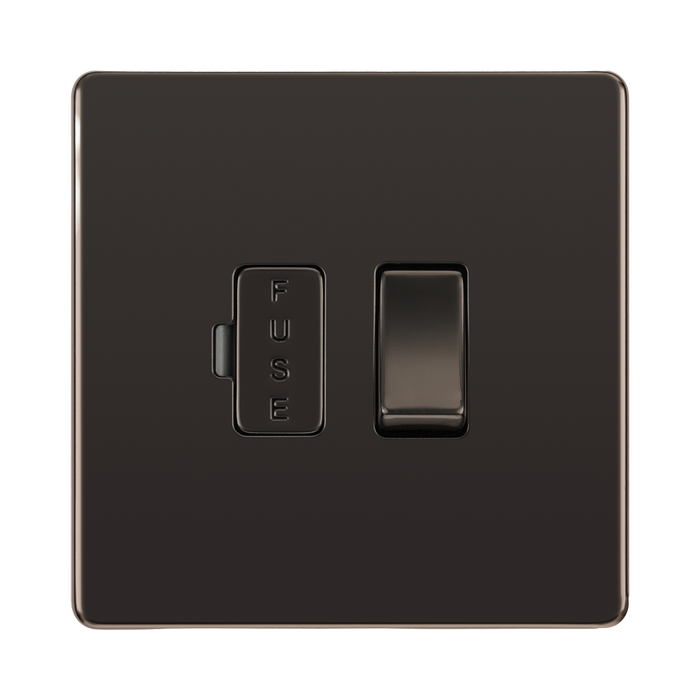 Front view of BG Nexus Screwless Black Nickel 13A Switched Spur