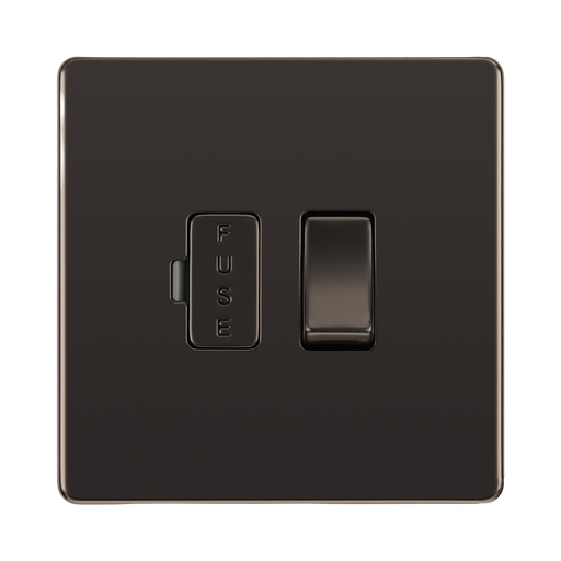 Front view of BG Nexus Screwless Black Nickel 13A Switched Spur