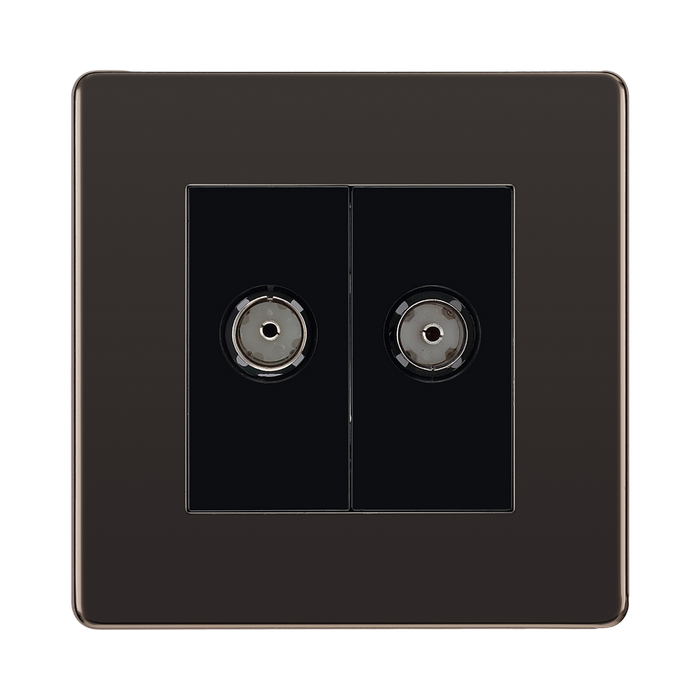 Front view of BG Nexus Screwless Black Nickel Double Co-axial Socket FBN61B