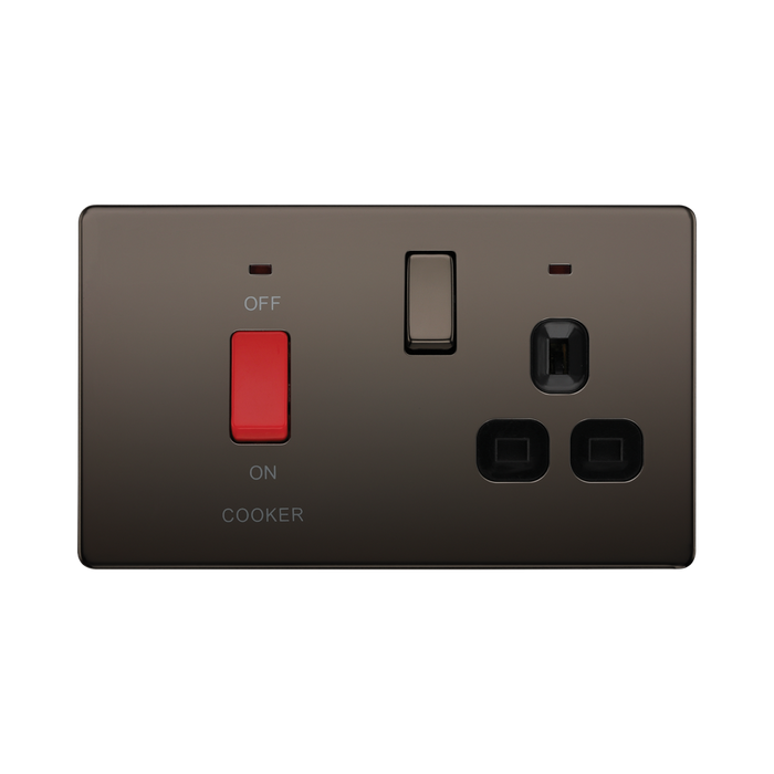 Front view of BG Nexus Screwless Black Nickel Cooker Switch with 13A Socket
