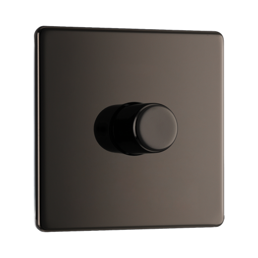 Front view of BG Nexus Screwless Black Nickel 1G Dimmer Switch