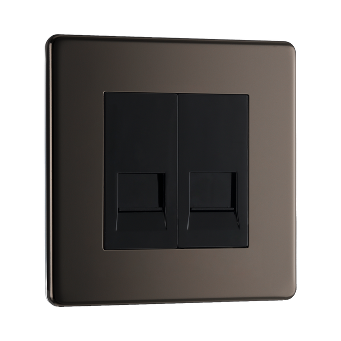 Front view of BG Nexus Screwless Black Nickel Double Secondary Telephone Socket FBNBTS2B