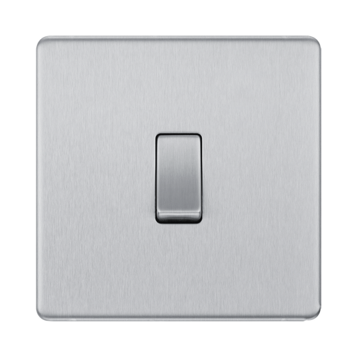 Front view of BG Nexus Screwless Brushed Steel 1G 2W Light Switch