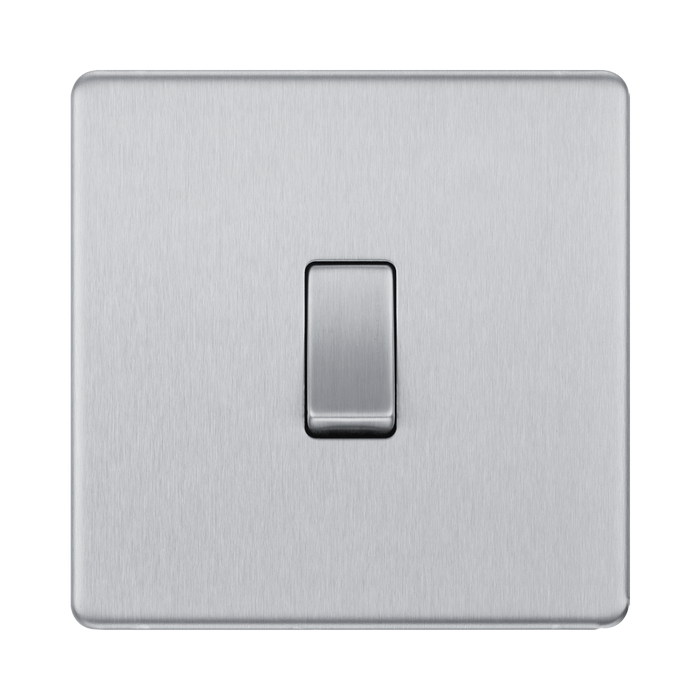 Front view of BG Nexus Screwless Brushed Steel 1G 2W Light Switch