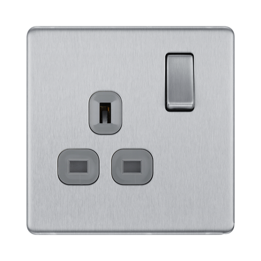 Front view of BG Nexus Screwless Brushed Steel 13A Single Socket