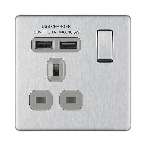 BG Nexus Screwless Brushed Steel 13A Single USB Socket FBS21U2G